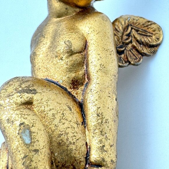 Gold Cherub Angel Figurines Set Of 2 Playing Flute Sitting On Rock Resin Vtg - Picture 9 of 10